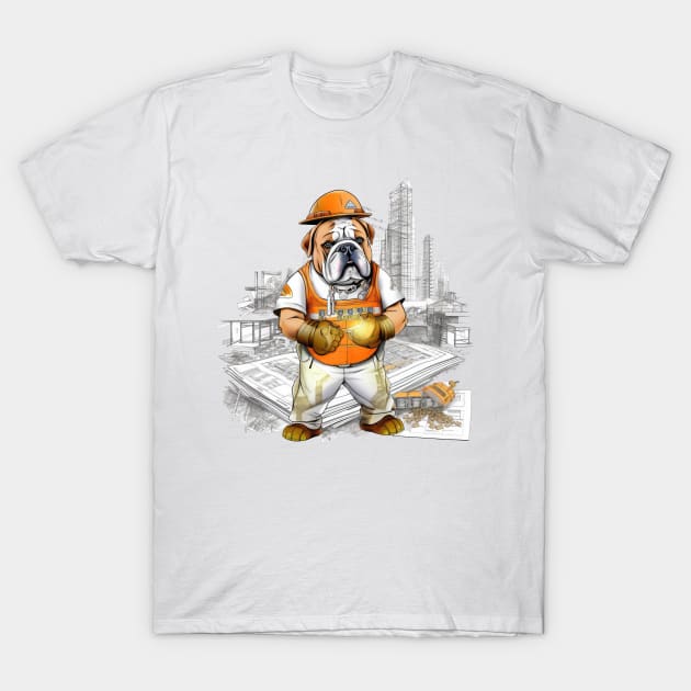 A Carpenter English Bulldog standing on a construction site, holding a blueprint and pointing T-Shirt by teestore_24